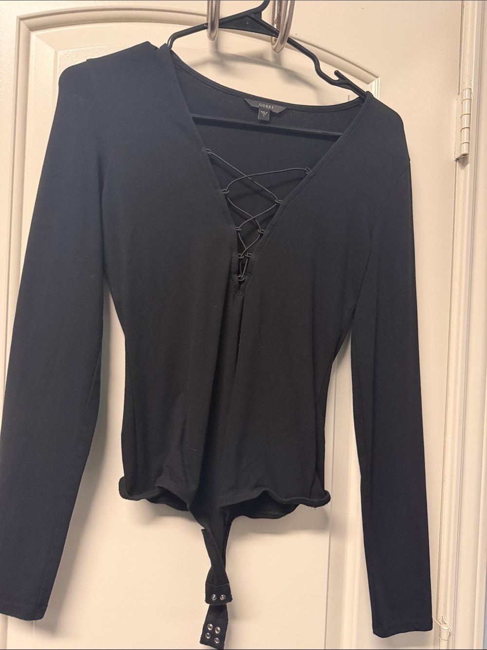 Guess Black Lace-Up V-Neck Long Sleeve Bodysuit